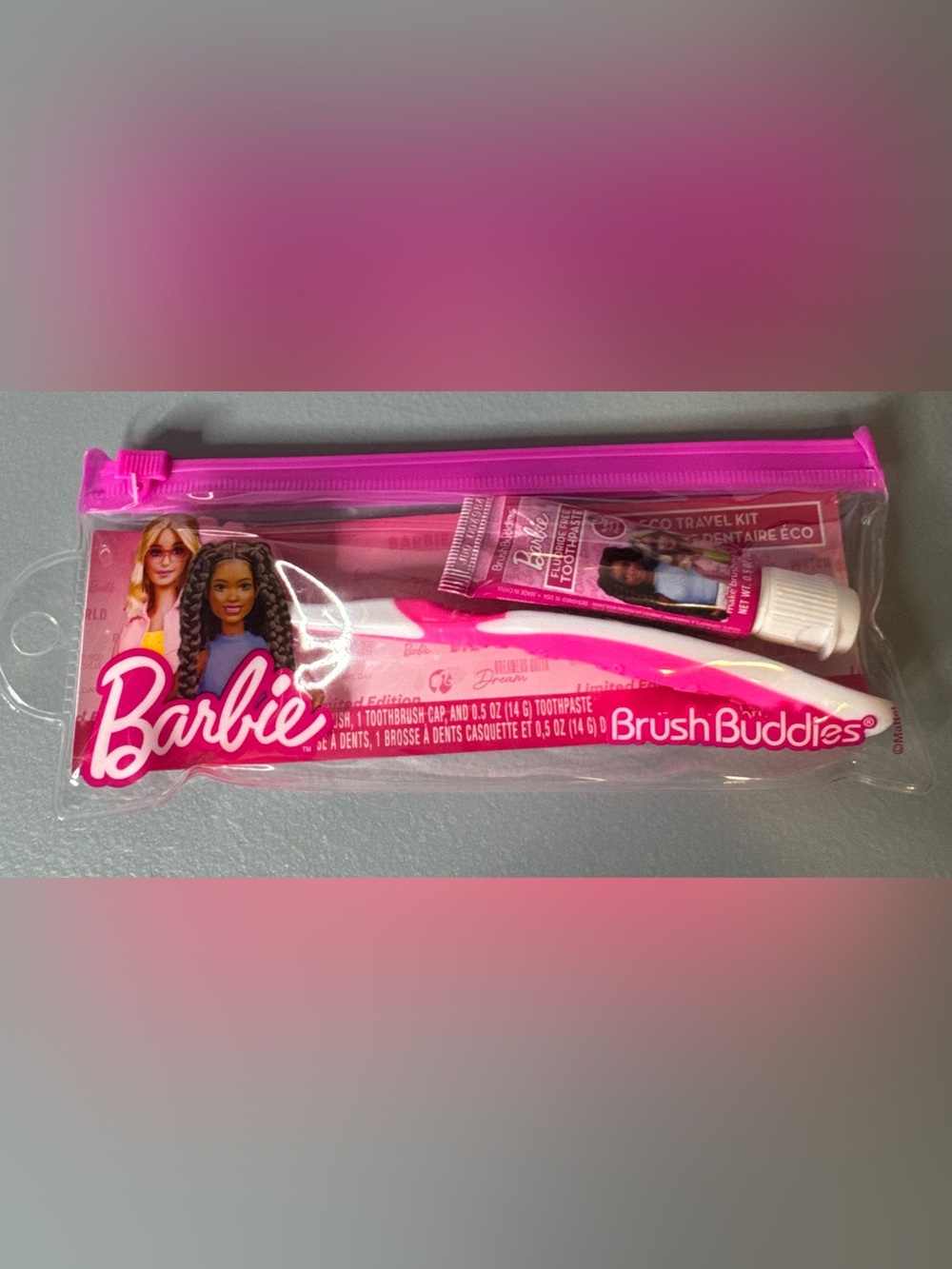 Barbie Pink and White Travel on the go  Toothbrush & Toothpaste Set bubble gum